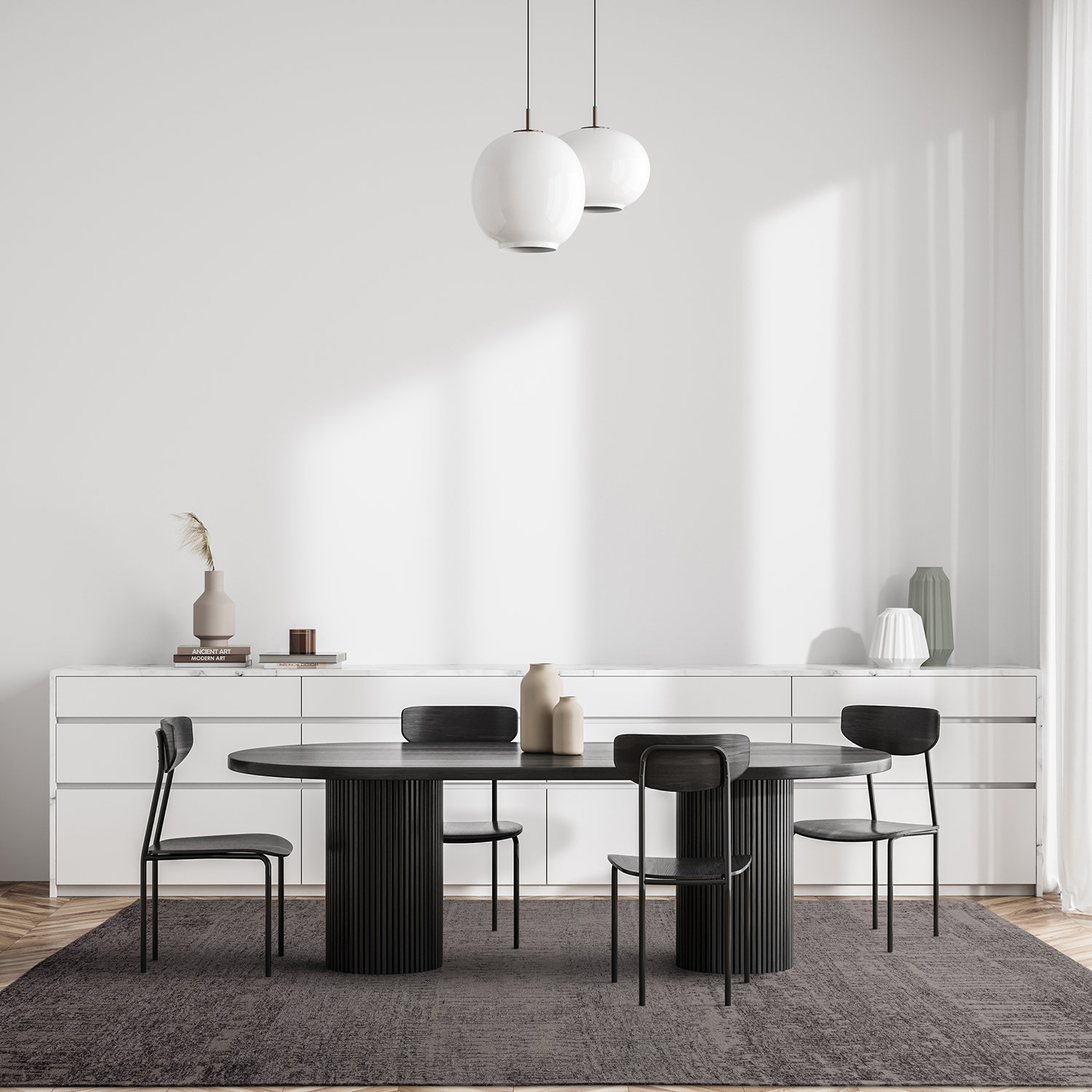 Bright living room interior with four chairs, dining table, sideboard