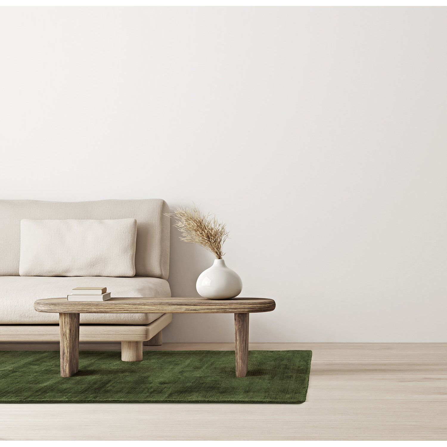 Living room interior mockup in wabi-sabi style with low sofa, jute rug and dried grass decoration on empty warm neutral wall background. 3d rendering, illustration.