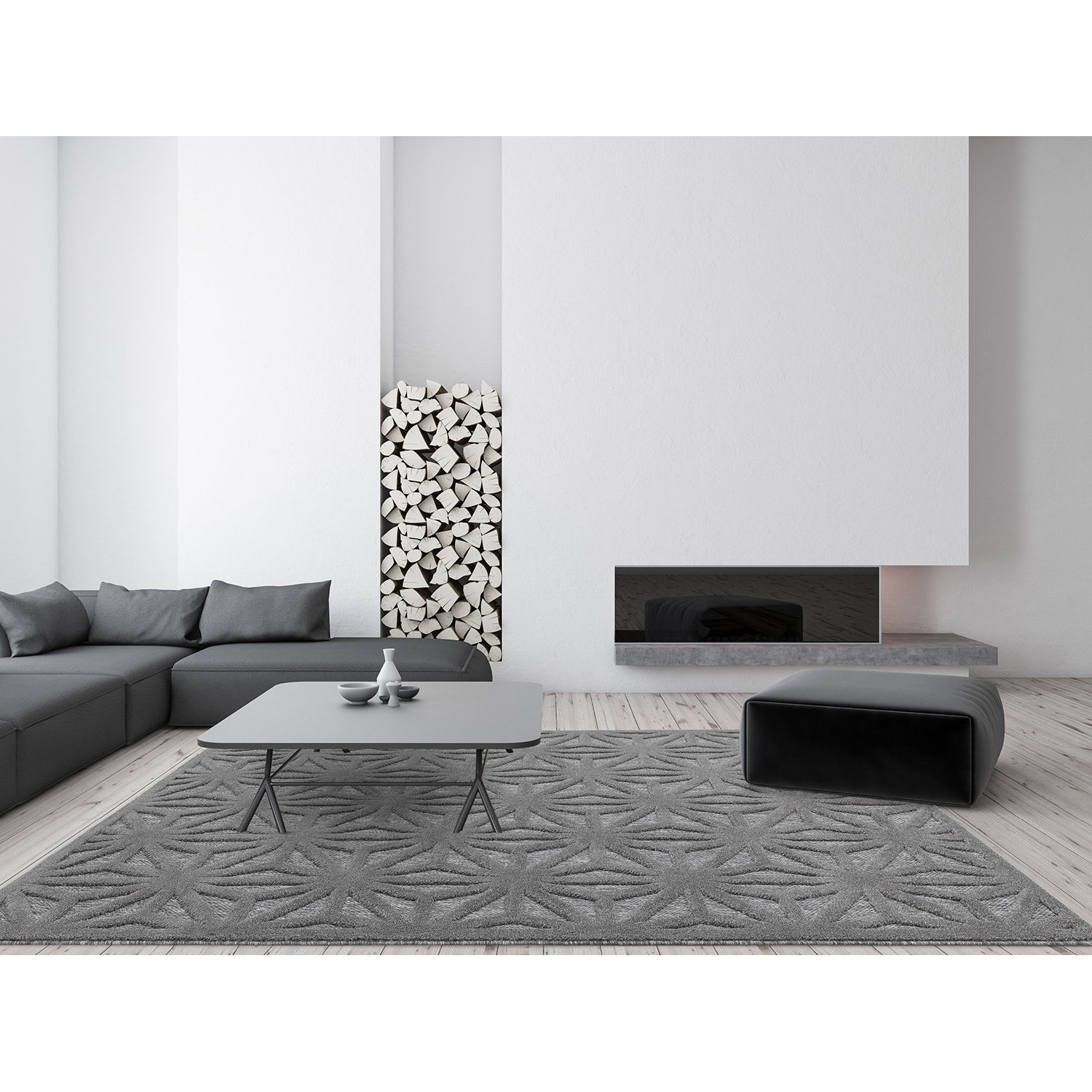 White living room, gray sofa